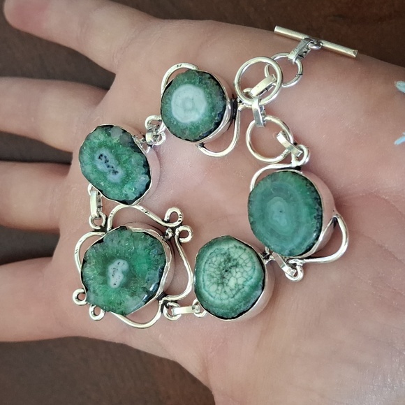 New Green Solar Slice Agate Geode 925 Silver Bracelet. - Picture 6 of 10